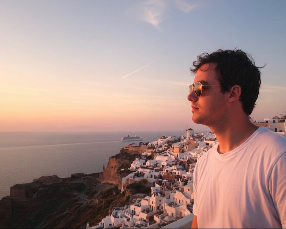 Paulo Renato Boechat diante do mar em Santorini